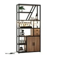thumbnail image 1 of Tall Wine Bar Cabinet with LED Lights & Power Outlets – Multi-Functional Liquor & Coffee Station, Wine Rack, Glass Holder, Microwave Stand – For Living Room or Kitchen – Black Frame + Brown Wood Board, 1 of 8