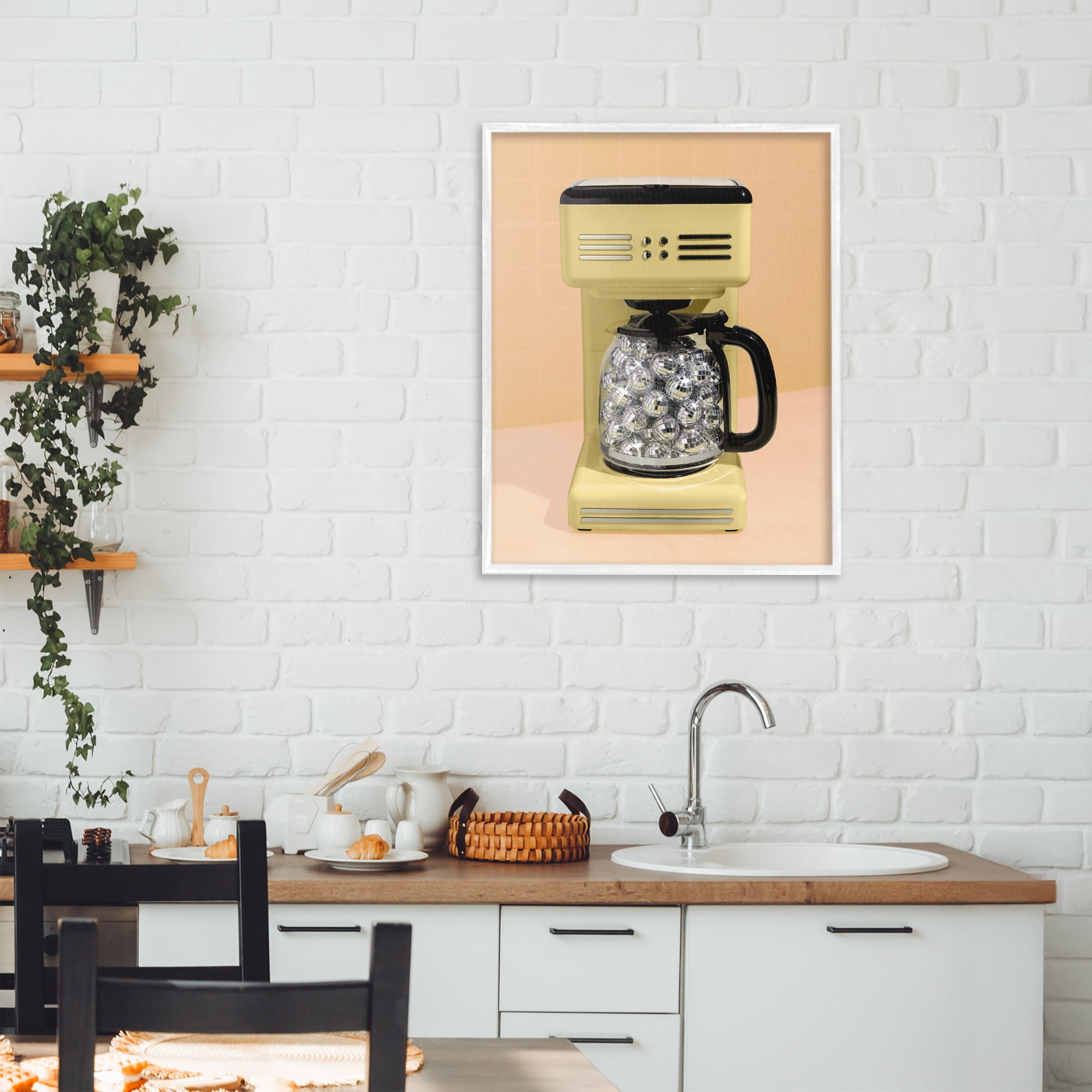 Stupell Industries Disco Coffee Maker over Yellow White Framed Giclee Art, design by LISH Creative