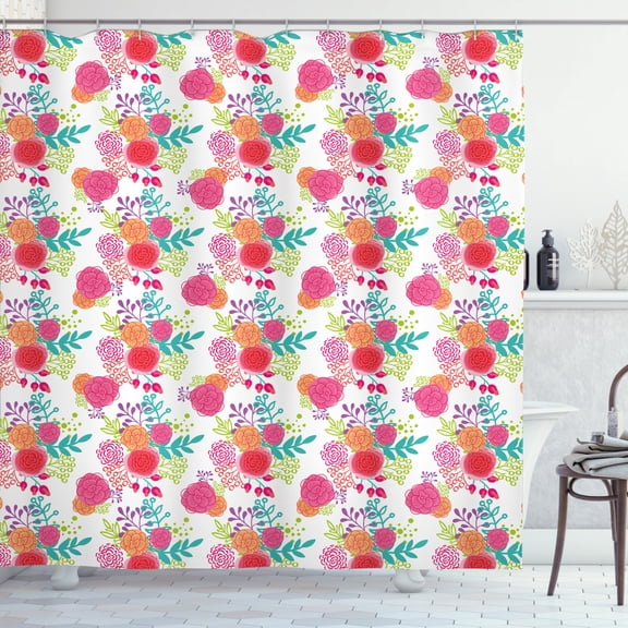 Floral Shower Curtain, Spring Time Setting of Colorful Blossoms and Leaves Botanical View Garden Art Print, Fabric Bathroom Set with Hooks, 69W X 84L Inches Extra Long, Multicolor, by Ambesonne