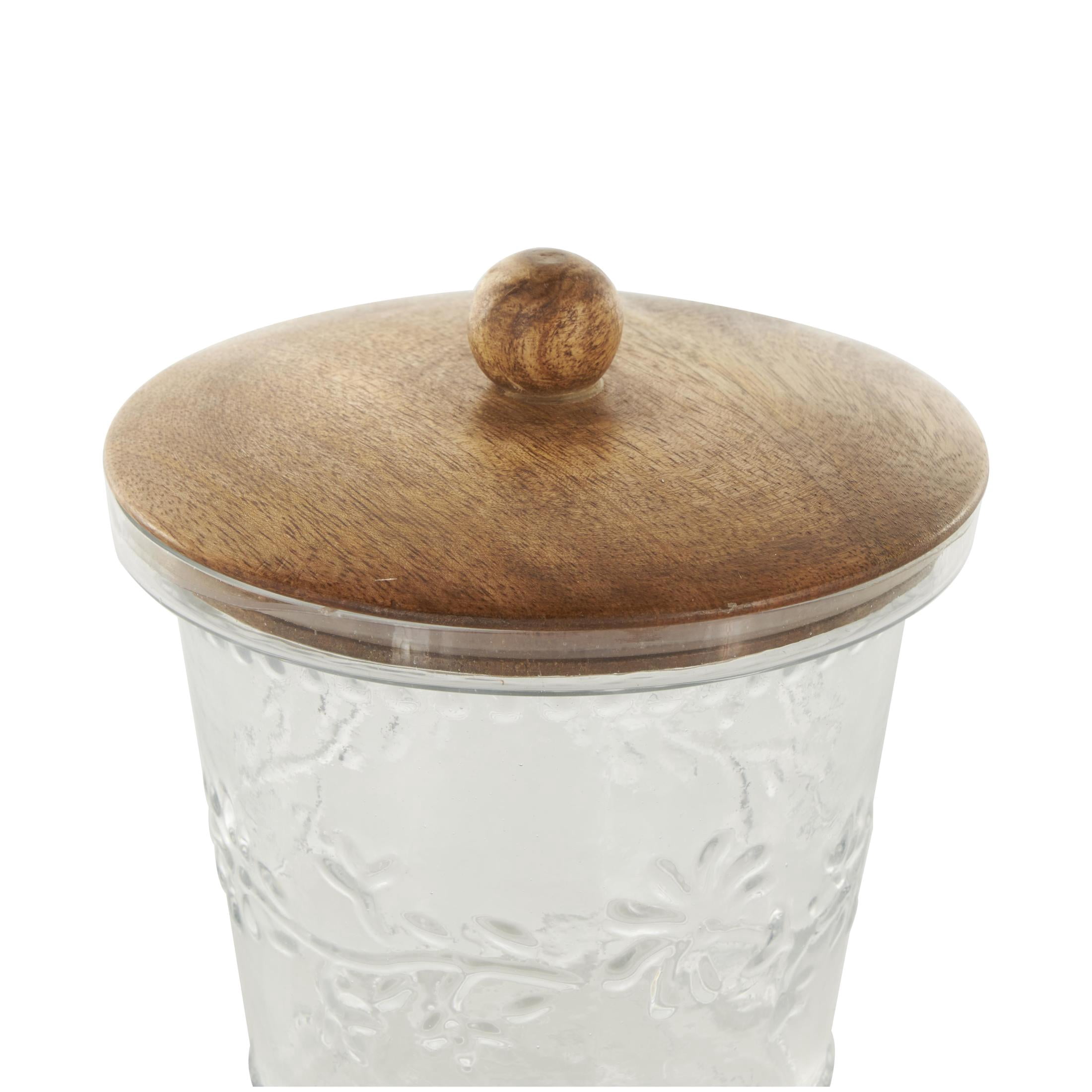 DecMode 7", 6"H Clear Glass Floral Beaded Decorative Jars with Brown Wooden Lids and Round Knobs, 2-Pieces
