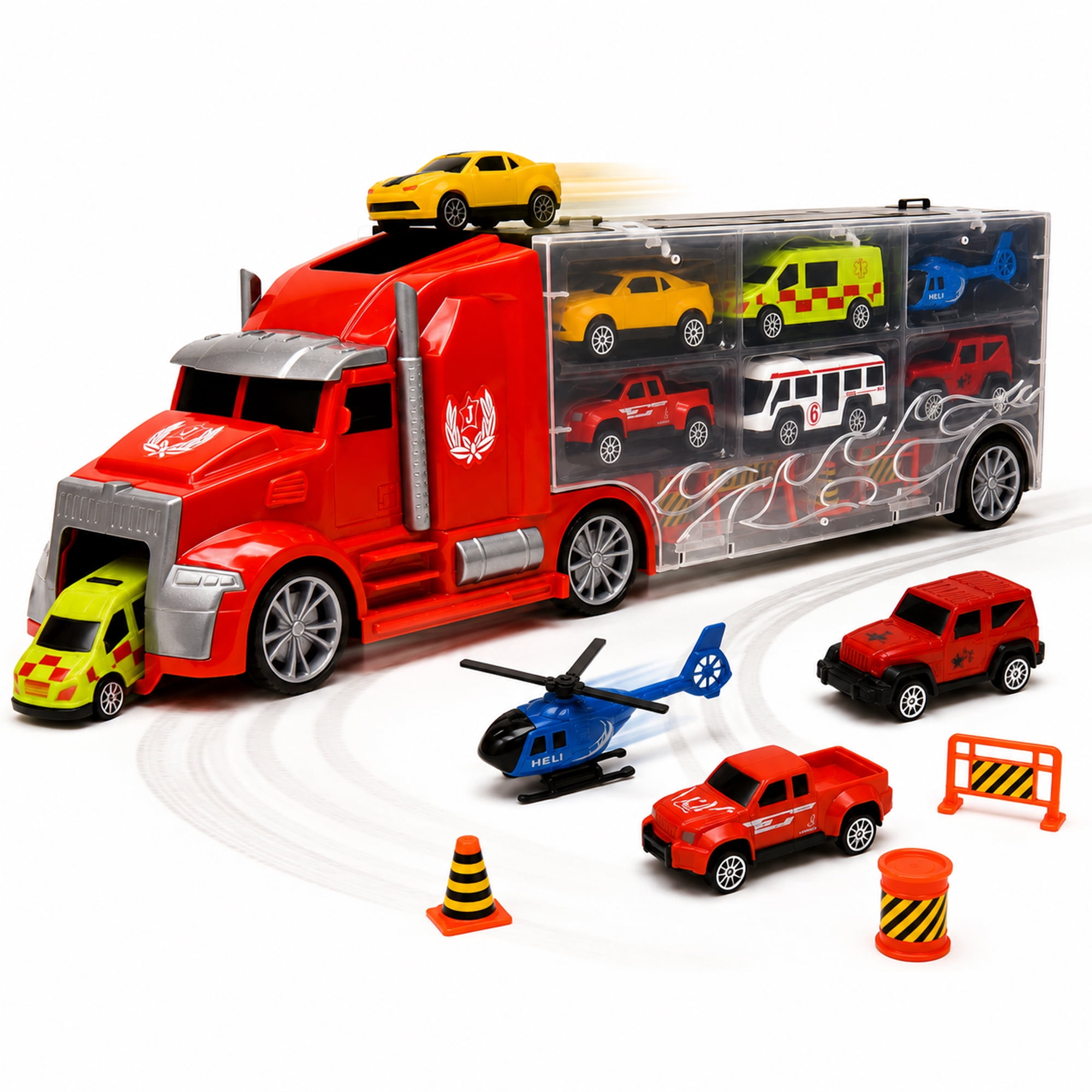 11-Piece Toy Truck Carrier Set with Mini Vehicles, Big Rig Transporter Playset with Cars, Helicopter, Bus & Road Signs, Storage Truck Toy for Kids Ages 3+