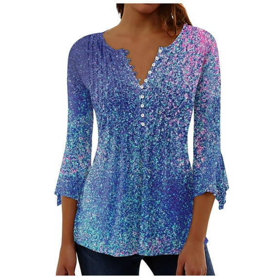 HIMIWAY 2023 Summer Women's Shirts Women's Button Up Shirt Floral Print Top Summer Casual 3/4 Sleeve V Neck Blouse Blue M