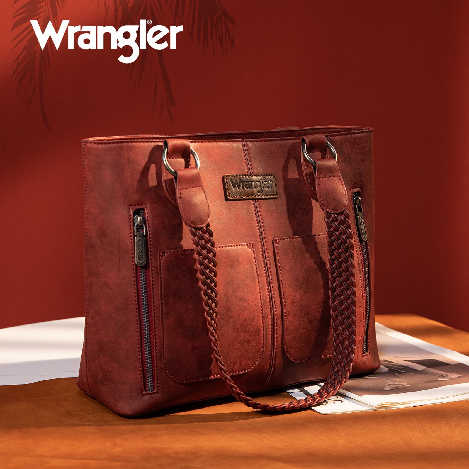 Wrangler Tote Bag for Women Multi Pockets Leather Purse Medium Handbags with Woven Top Handle Walmart