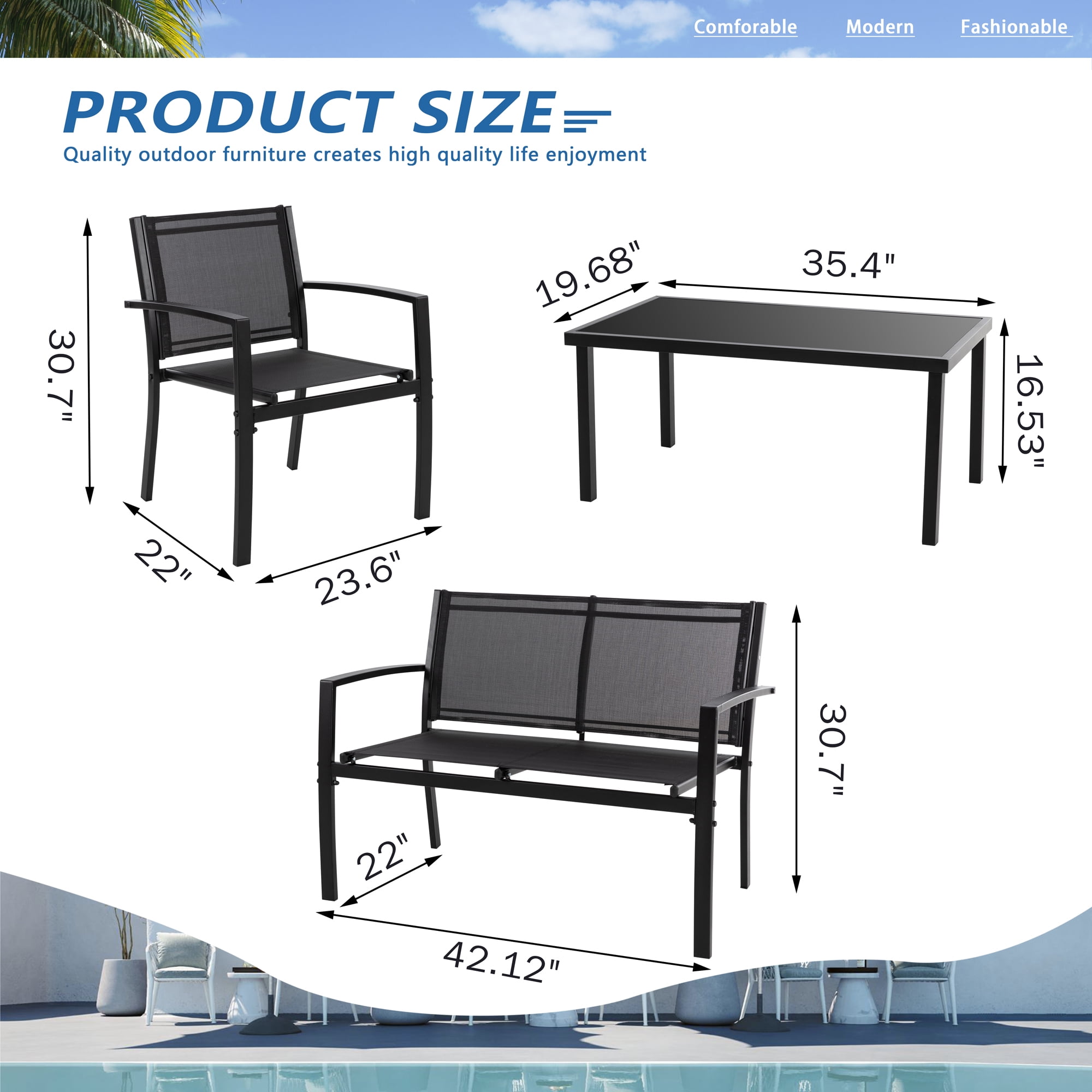 Walsunny 4 Pieces Outdoor Furniture Set All Weather Patio Textilene Steel Conversation Set, Patio Furniture Set Bistro Set with Loveseat ea Table for Lawn and Balcony, Black