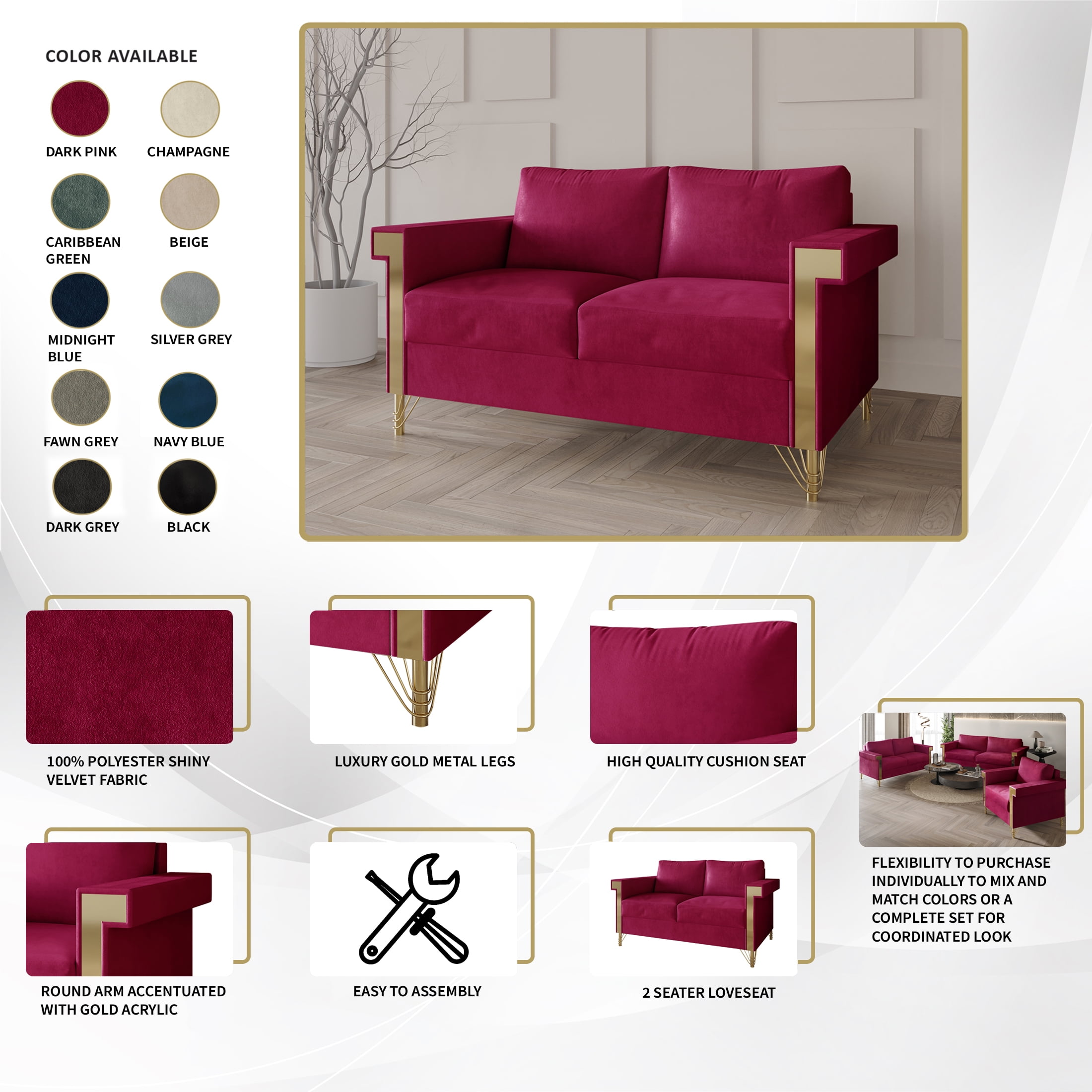 Castle Place Glam Velvet Upholstered Loveseat, Navy Blue
