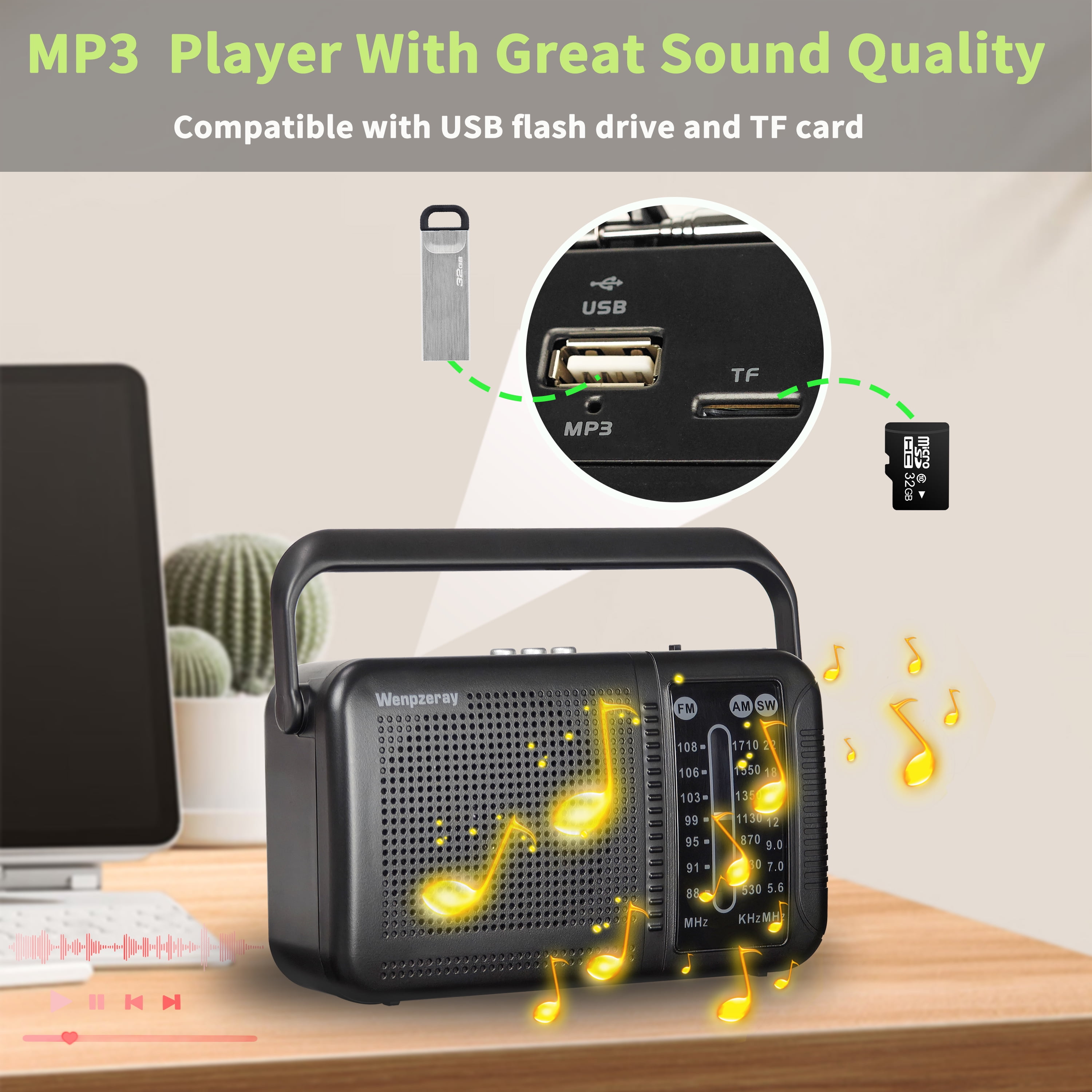 Shortwave AM FM Radio, Retro Receiver Bluetooth Speaker Great Reception, Support TF Card/USB Play, Large Dial Battery Powered Easy to Use for Friend Seniors Elderly (Black)