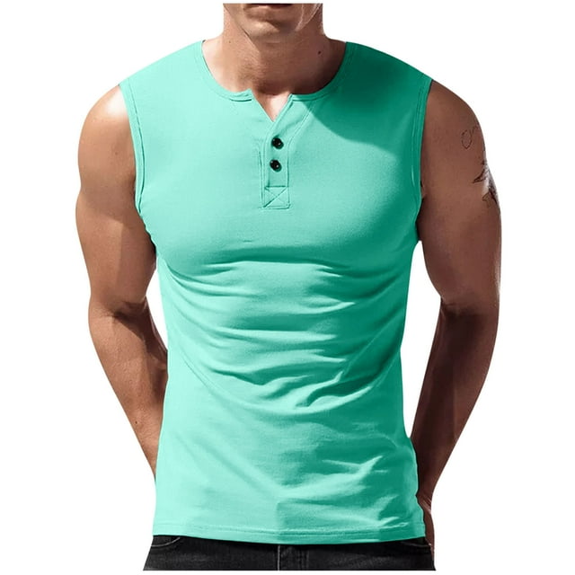 Ohufall Mesh Gym Tank Tops for Men Solid Breathable Henley Tank Tops Plus Size Sleeveless Summer Workout Tanks, Size M-3XL
