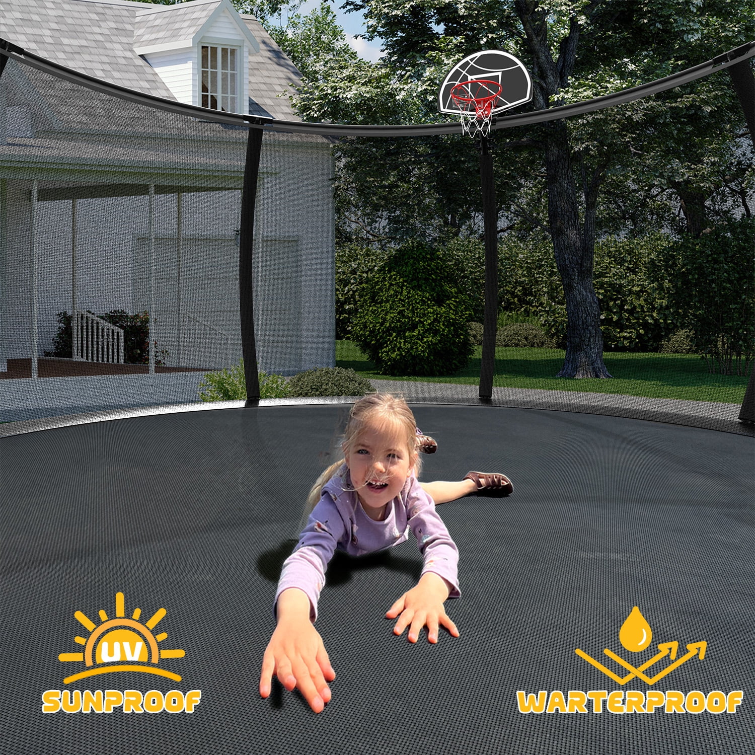 Mersco 16FT Heavy Duty Trampoline with Enclosure Net , Slide Outdoor Big Trampoline for Backyard,Kids Trampoline with Basketball Hoop,Birthday and Holiday Gifts for Kids,Black