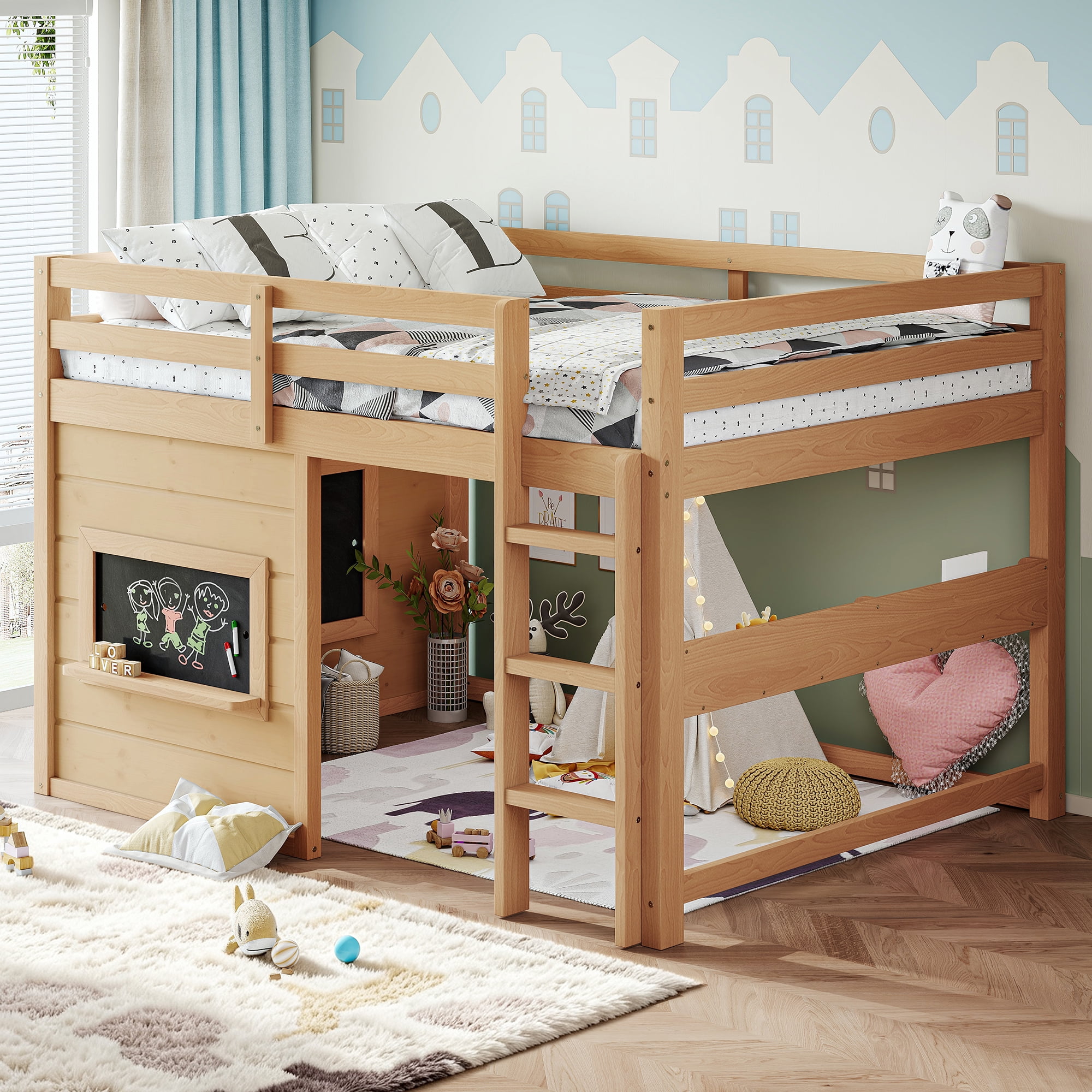 Leumius Full Size Loft Bed with Storage Shelves,Solid Wood Low Loft Bed Frame with Chalkboard and Bookshelf,Space Saving,Light Natural