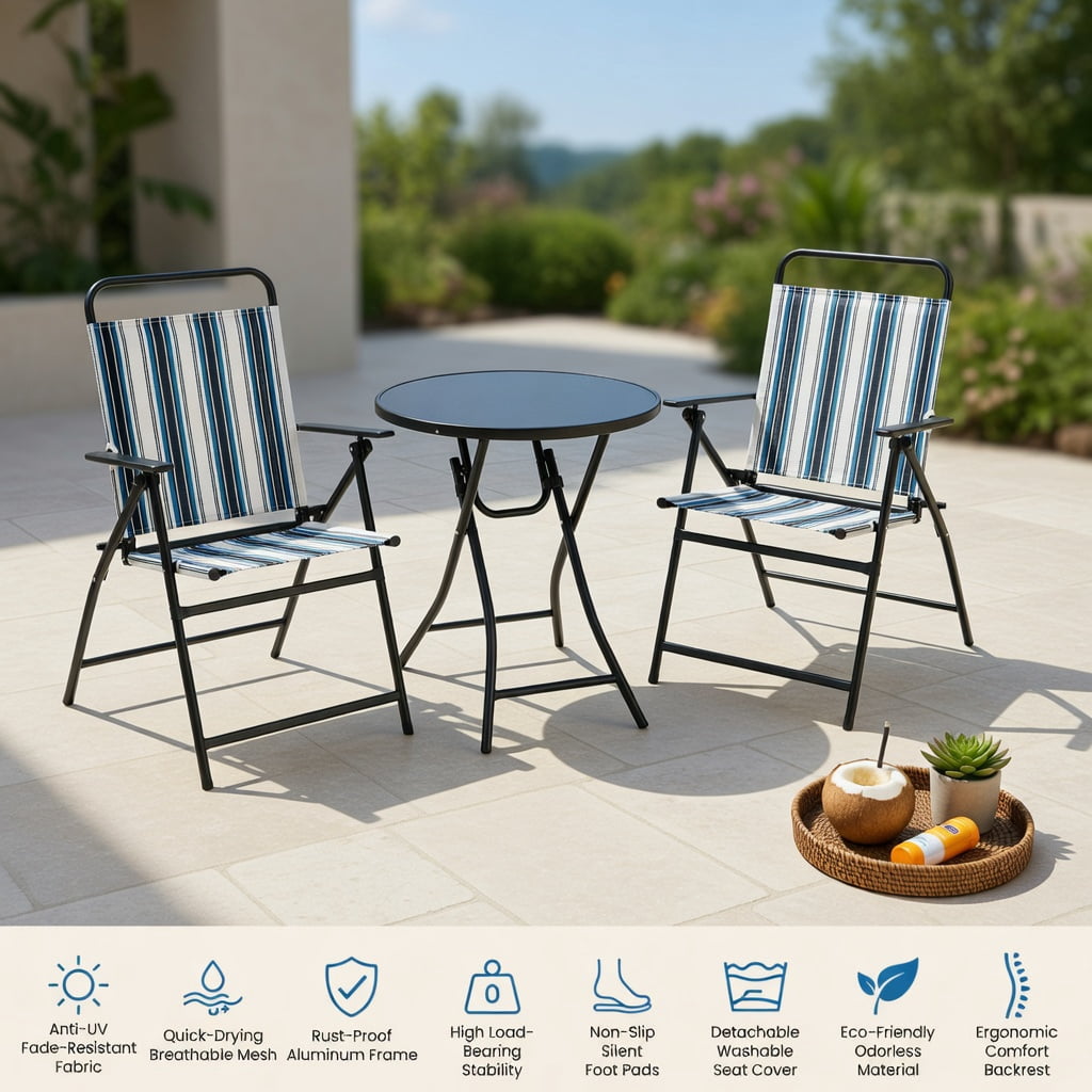 Hommoo 3-Piece Portable Outdoor Folding Chair & Round Table Set, Metal Frame, Breathable Fabric Seats, Easy-Fold for Backyard, Poolside & Balcony, Blue