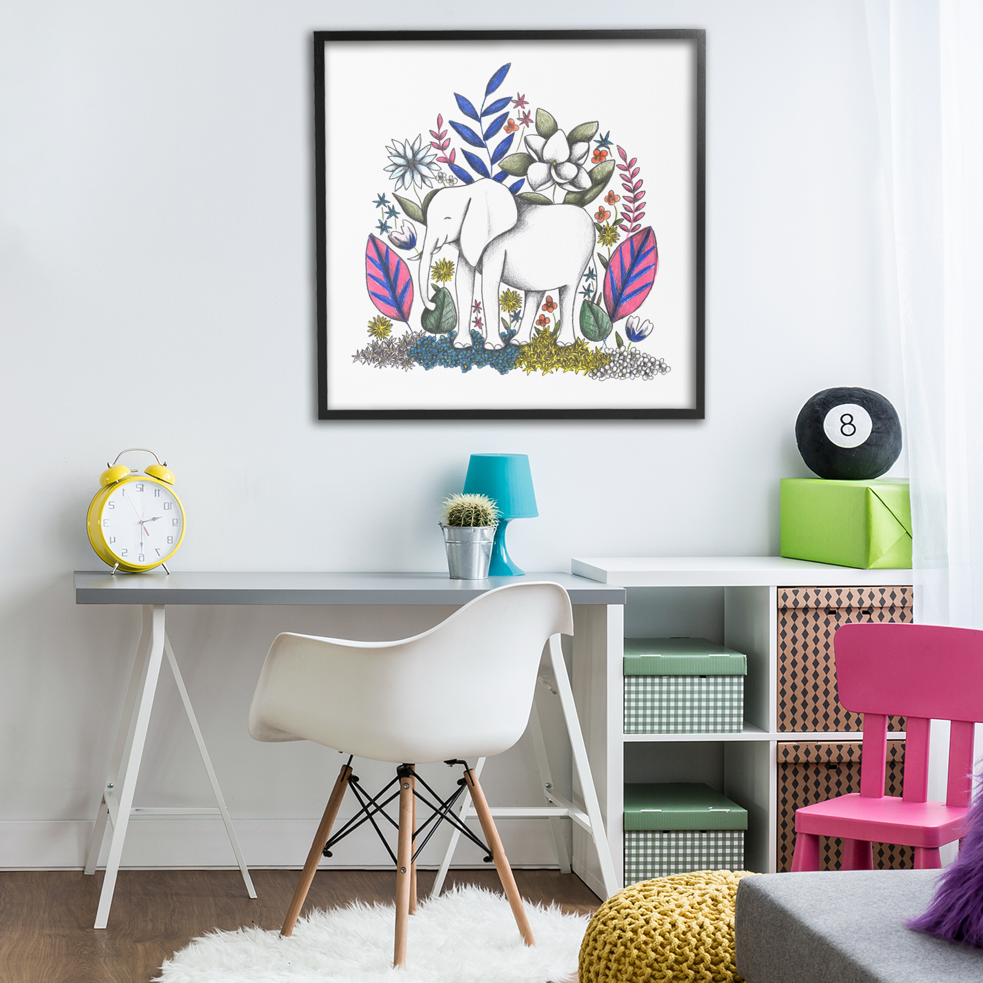 Elephant in Midst of Flowers Black Framed Giclee Art, design by Cecilia Battaini