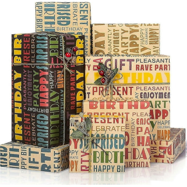 Kraft Gift Wrapping Paper, Birthday Wrapping Paper, Retro Gift Wrapping Paper, Children's and Men's Birthday Gift Wrapping Paper