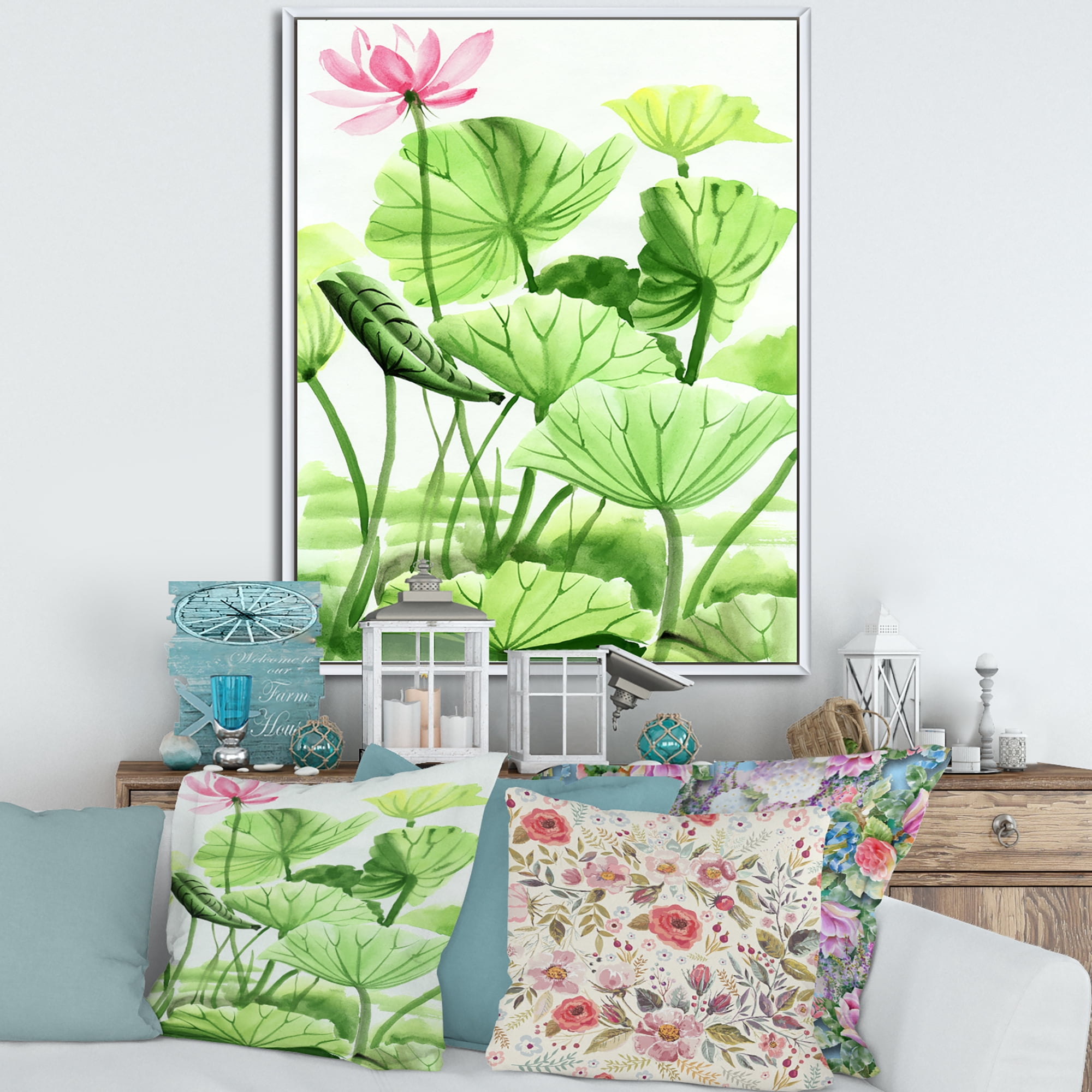 Ancient Lotus Leaves In The Pond 12 in x 20 in Framed Painting Canvas Art Print, by Designart
