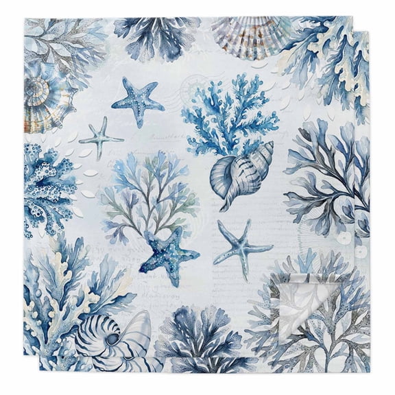 Blue Coastal Cloth Napkins, Summer Retro Ocean Sea Corals Starfish Shells Washable and Reusable Dinner Napkins Set of 2, Table Napkin for Kitchen Party Birthday Wedding Hotel Housewarming 20"x20"