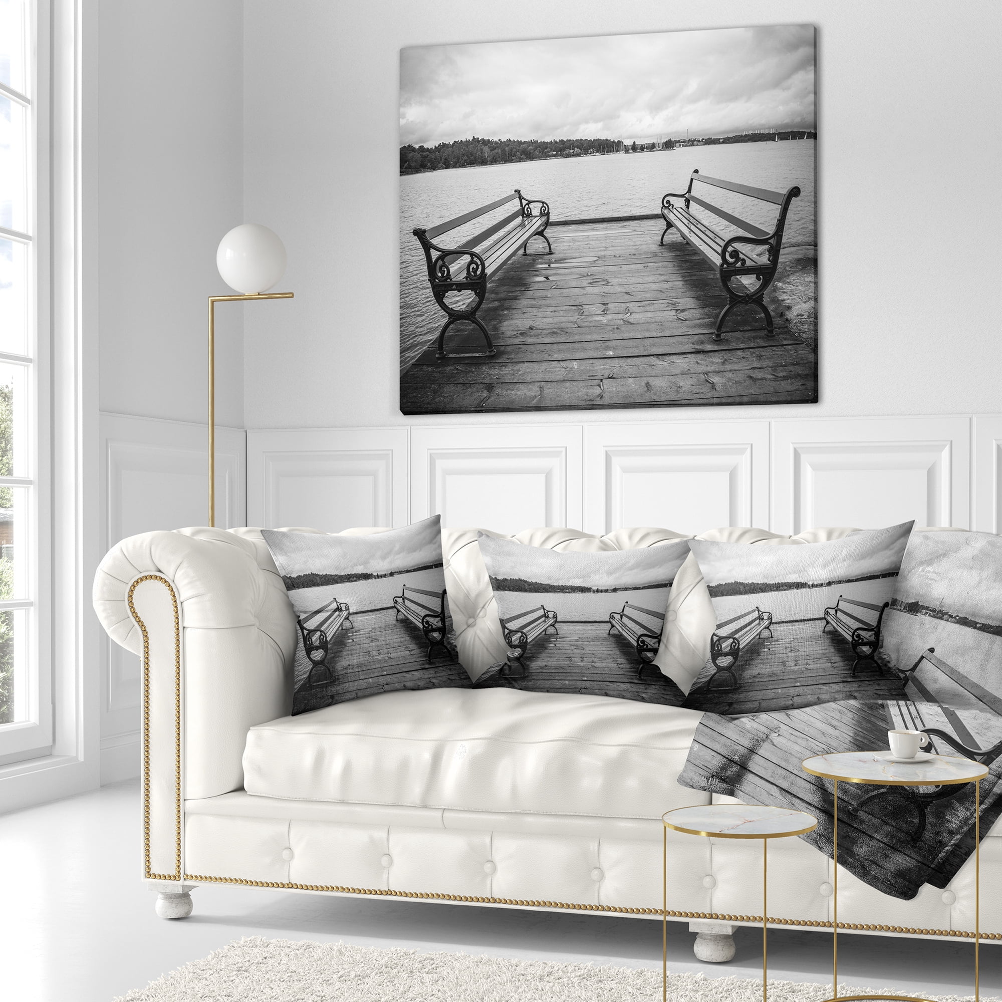 Designart Benches on Bridge by Water Side - Bridge Throw Pillow - 16x16
