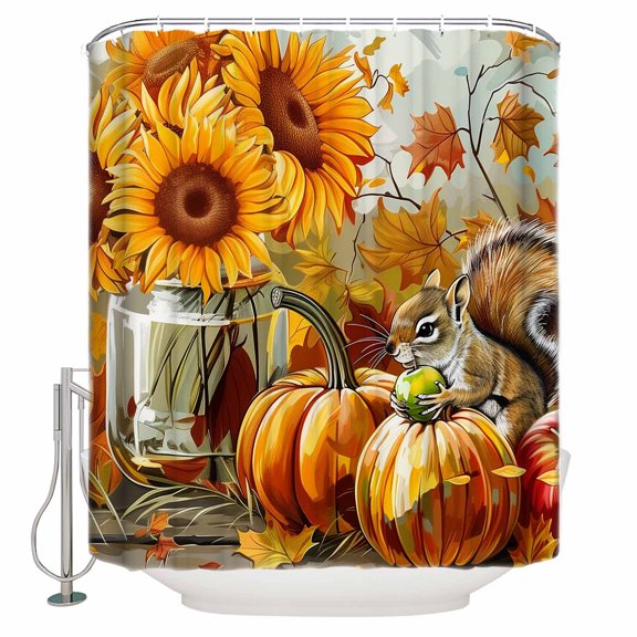Fabric Shower Curtain Fall Pumpkin Cute Squirrel Thanksgiving Farmhouse Maple Leaves Shower Curtains with 12 Hooks Waterproof Machine Washable Bath Curtains for Bathroom, 72 x 96in