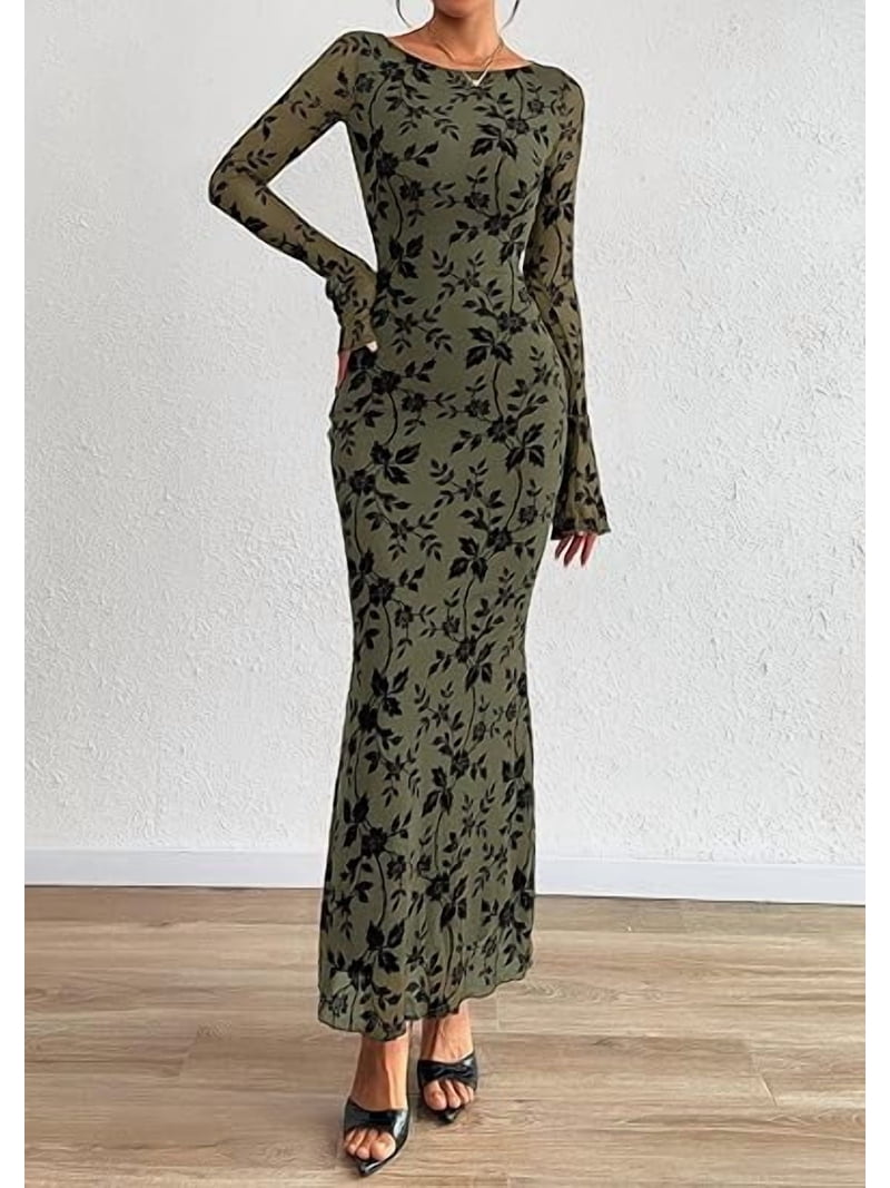 Prettygarden Women's Floral Bodycon Maxi Dress Fall Elegant Mesh Long Sleeve Formal Wedding Guest Cocktail Dresses, Size: XS, Green Prettygarden Women's Floral Bodycon Maxi Dress Fall Elegant Mesh Long Sleeve Formal Wedding Guest Cocktail Dresses, Size: XS, Green