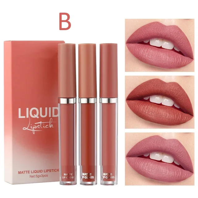 Juego de brillo de labios mate de terciopelo, lápiz labial líquido resistente al agua de larga duración, Color de labios, maquillaje diario, cosméticos para mujer, 3 uds.