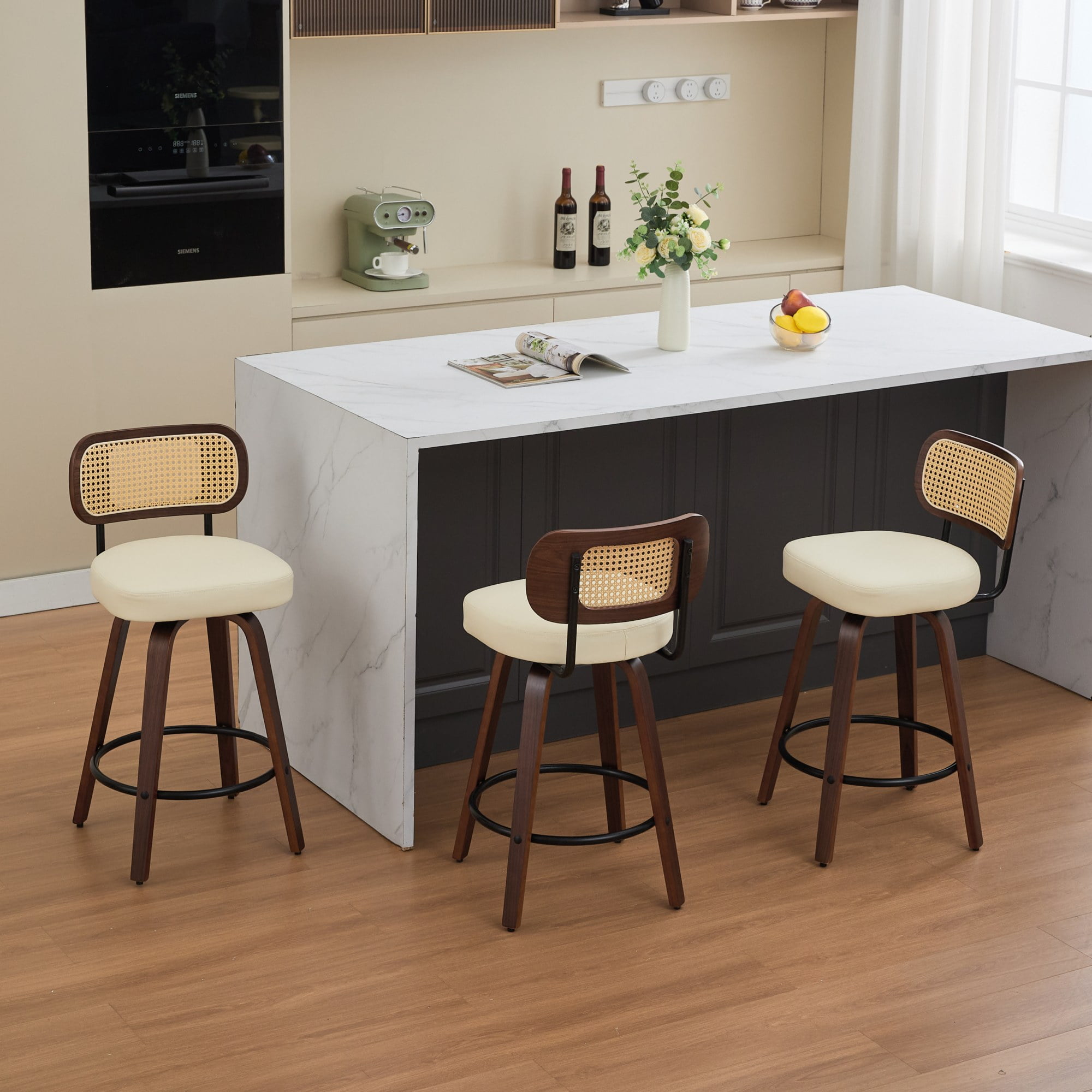 Oufan Swivel Bar Stools Set of 3, Wooden Counter Height Bar Chairs w/ Upholstered Seat & Rattan Backrest, Farmhouse Barstool for Kitchen Island,Cafe