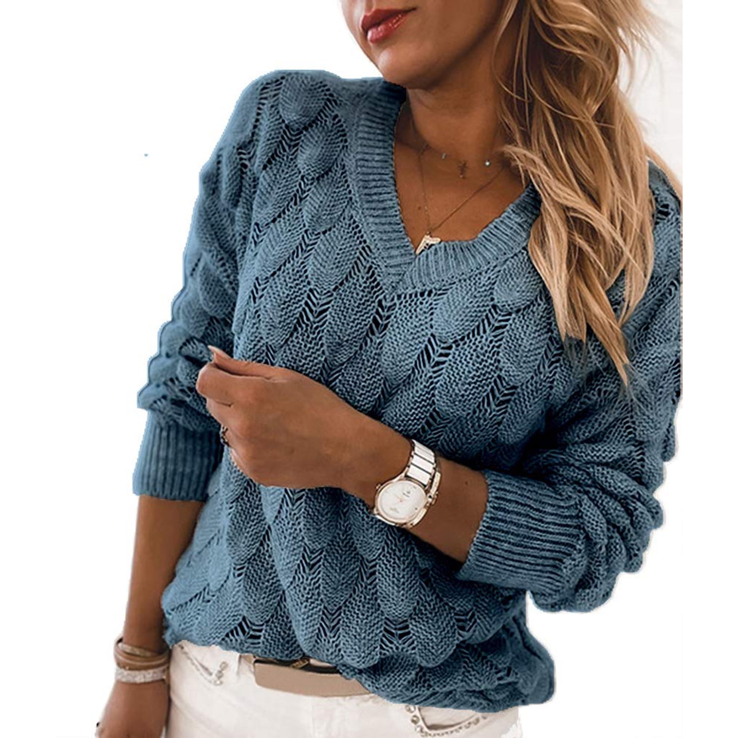 Gemijacka Women's V Neck Long Sleeve Pullover Sweater Lightweight Knit Sweaters Novelty Sweaters