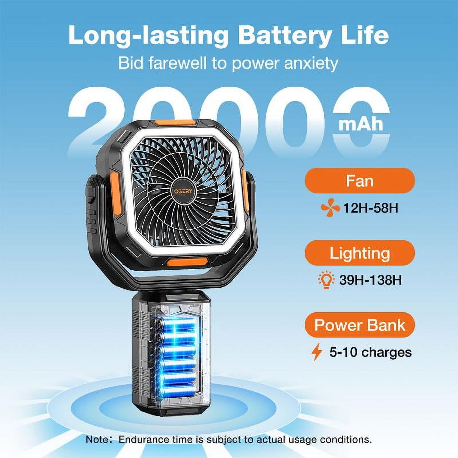 Camping Fan with Detachable Tripod,20000mAh Rechargeable Fan with LED Lights & 270° Pivot,4 in 1 Cordless Camping Fan,Remote Control Shaking Head Desk Fan for Camping Tent Travel Bedroom Portable