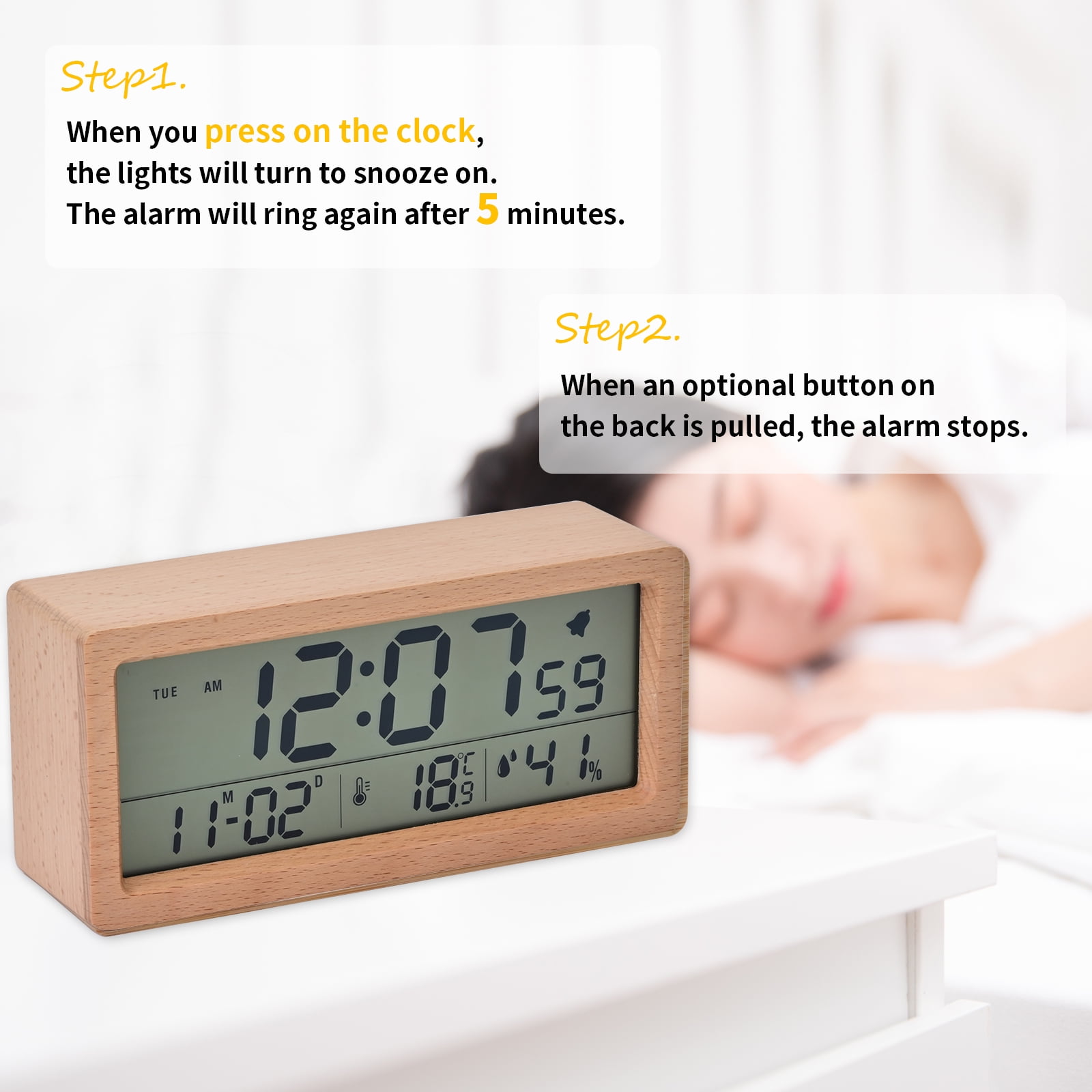 Electime Wooden Digital Alarm Clock with Calender, Temperature, Humidity and Snooze, Electric Clock for Home Bedroom, Battrey Powered, LCD Screen