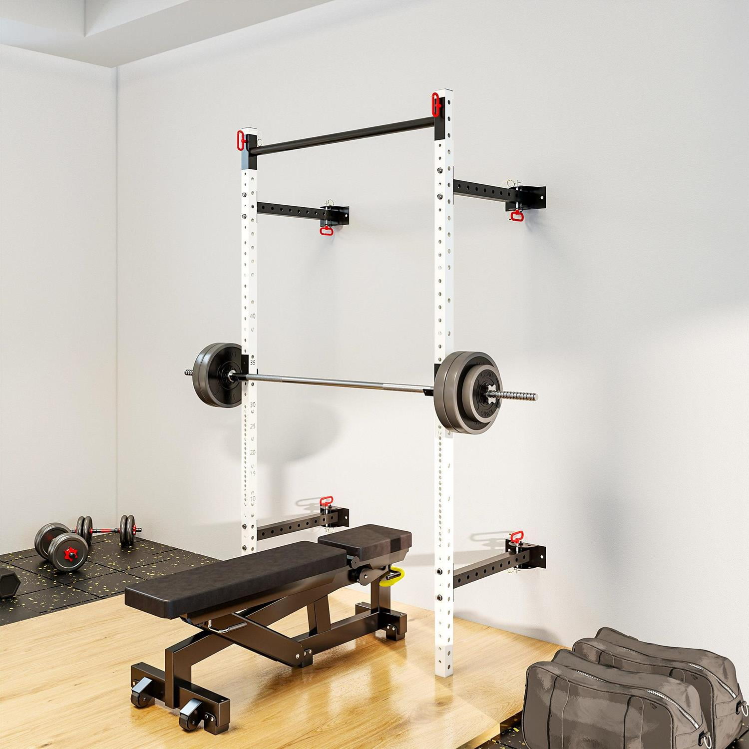 Demi Bonn Folding Squat Rack with Pull Up Bar - Wall Mounted, Adjustable 1000 LBS Capacity Power Rack ,White