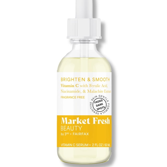 Suero de vitamina C Market Fresh Beauty con niacinamida de ácido ferúlico y extracto de malaquita | Ilumina y suaviza | Sin fragancia | 2 onzas líquidas