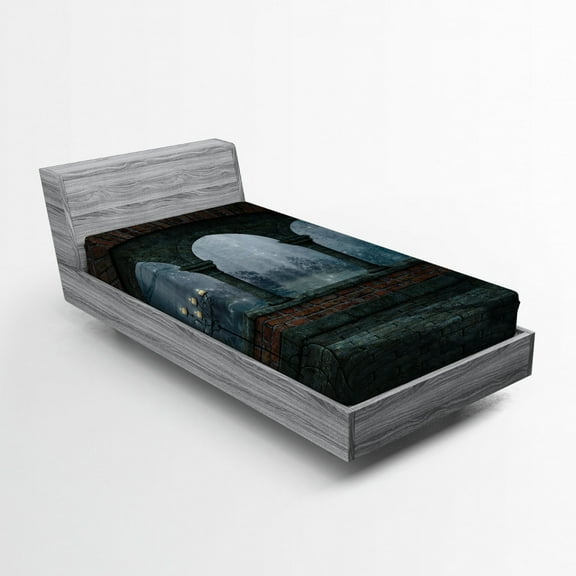 Ambesonne Gothic Fitted Sheet, Medieval Castle at Night, Twin Size, Blue Grey and Red