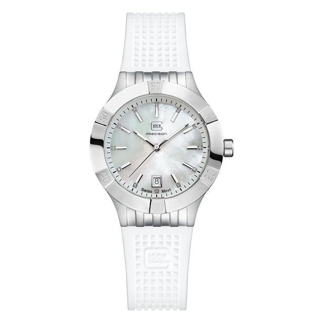 Reloj Glock Precision para mujer, caja de acero plateado y correa blanca