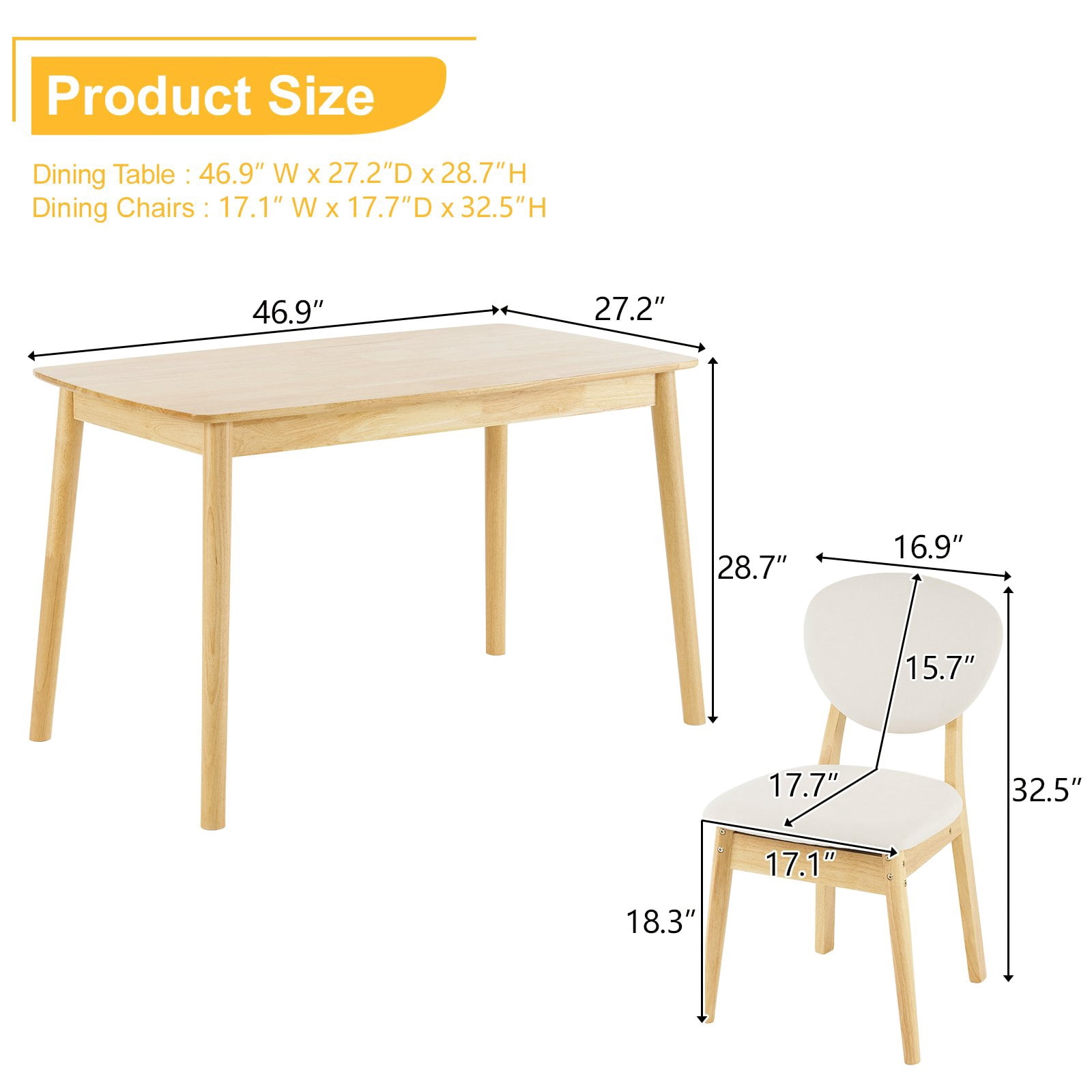 Ktaxon Dining Table Set for 4 Solid Wood Dinner Table with Padded Chairs for Home Kitchen Restaurant 47" Wood Color