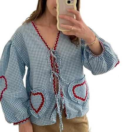 Women Plaid Babydoll Blouse 3/4 Puff Sleeve Tie Front Shirt Top Aesthetic Ruffle Hem Heart Pocket Lace Up Going Out Tops