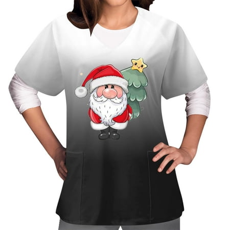 

Christmas Scrub Tops Women Gnome Print Short Sleeve Nurse Uniforms Workwear Scrubs Comfy Scrub Shirts with Pockets