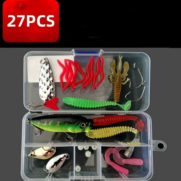 27Pcs Fishing Lures Tackle Box Bass Fishing Baits Including Animated Lure,Crankbaits,Soft Plastic Worms,Topwater Lures etc Saltwater & Freshwater Fishing Gear Kit for Bass,Trout,Salmon.