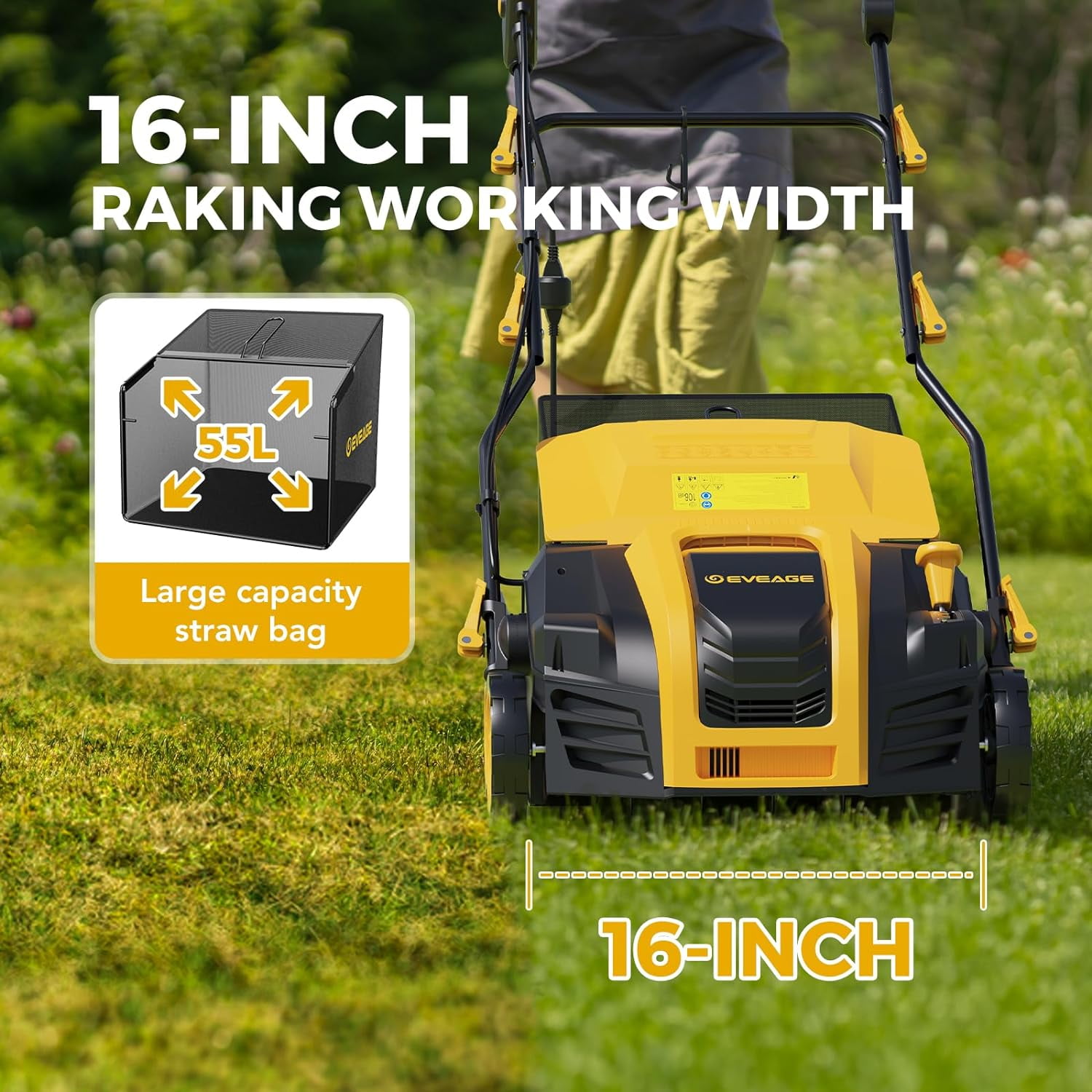 2026 Upgraded EVEAGE 16-Inch 15 Amp Electric Dethatcher & Scarifier, 5-Position Depth Adjustment, 14.5gal Collection Bag, Increases Lawn Health, EDS16S