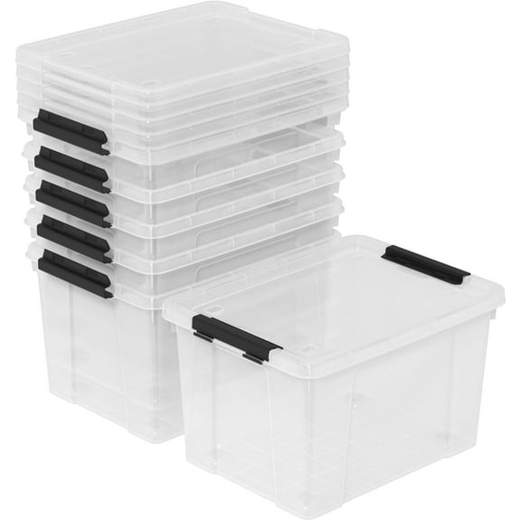 24 Qt Stackable Clear Latching Bin with Lids, Plastic Storage Box with Wheels, 6 Packs