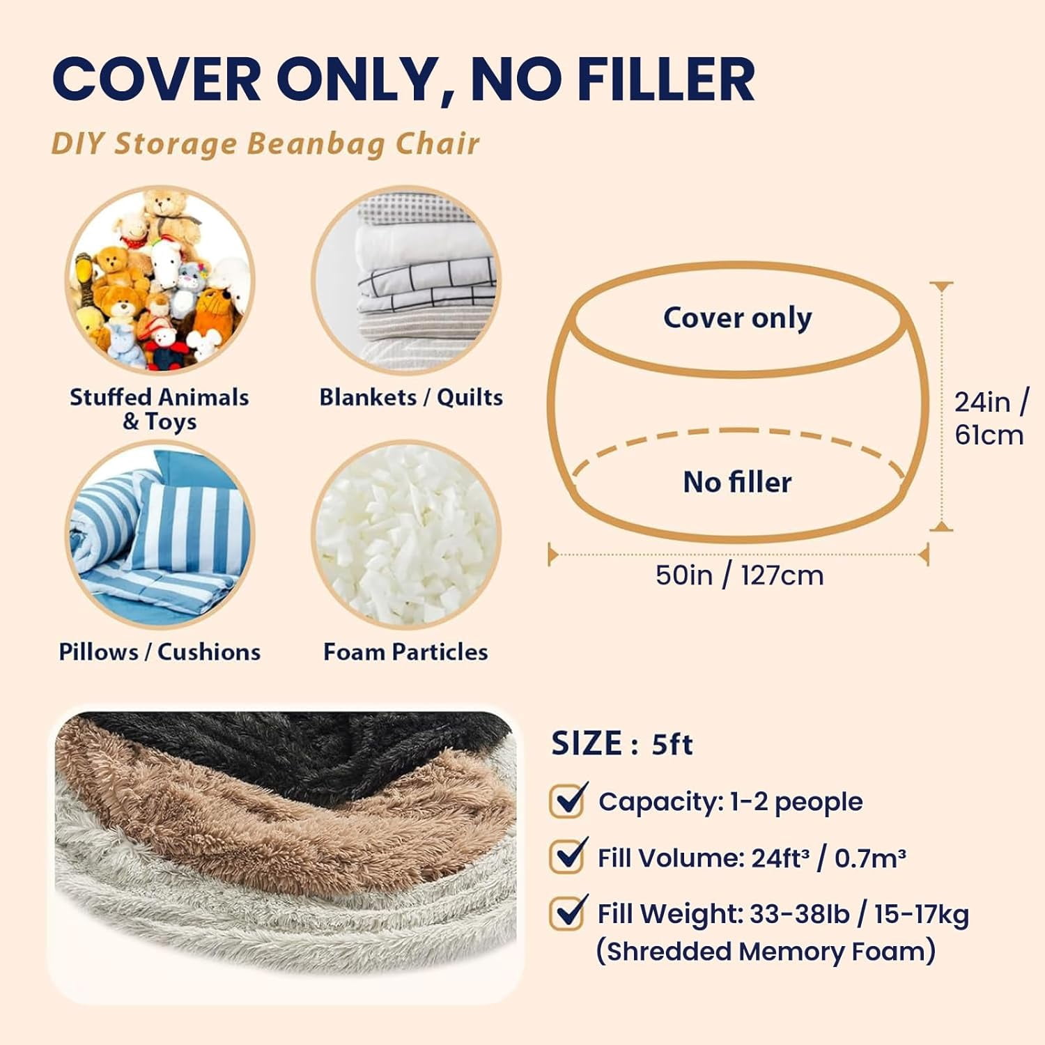 Bean Bag Cover (No Filler), Faux Fur Comfy Bean Bag Covers for Adults, Washable Beanbag Chair Cover, Fluffy Plush Giant Bean Bags Chairs Covers for Teens Kids Girls, Anti-Slip, 5FT, Black
