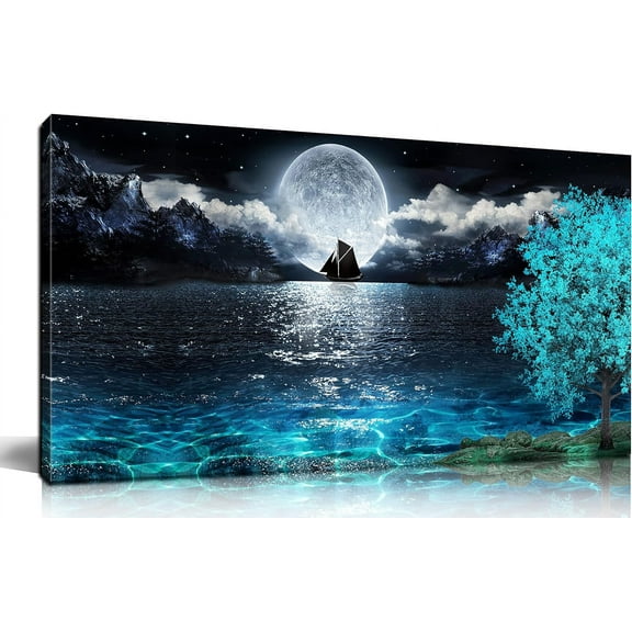 WFSposter-Moon Sea Ocean Large Canvas Wall-Art For Living Room - Blue Tree Wall Decor - Large Artwork On Canvas Print Ready To Hang