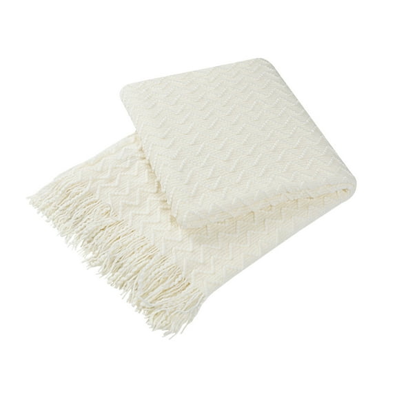 Unique Bargains Fringe Knitted Decorative Throw Blanket, 50"x 60", Cream White