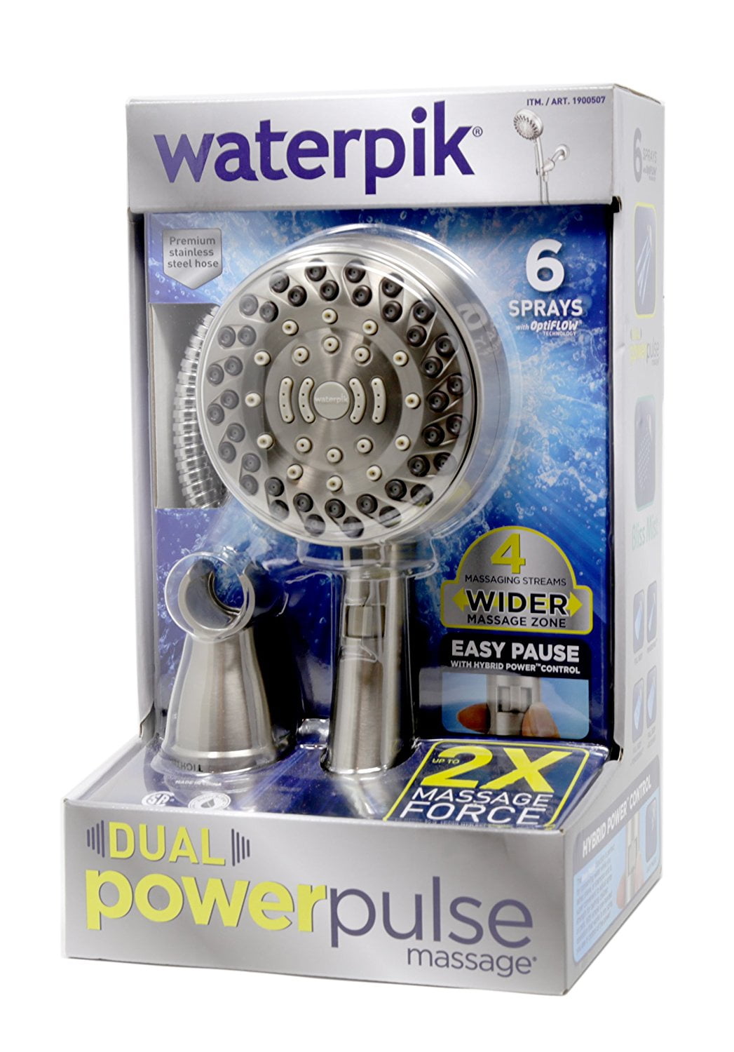 12 Sprays Modes Waterpik Peyton Dual Power Pulse with HybridPower Shower Head 