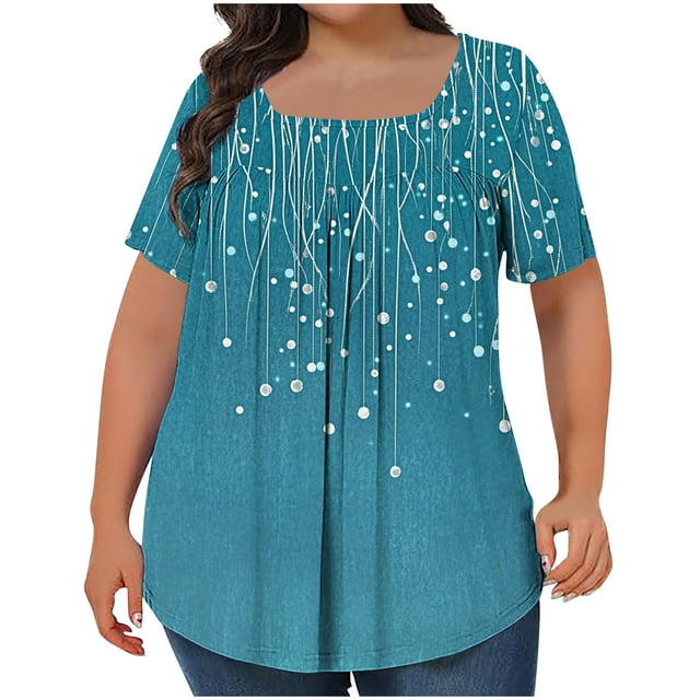 Tops Cortos para las Mujeres Impreso Cuello de Gran Tamaño Plisado Manga Corta Suelta Superior en Tamaños Más L-5xl