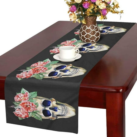 Mkhert Watercolor Sugar Skull With Flowers Table Runner Home Decor