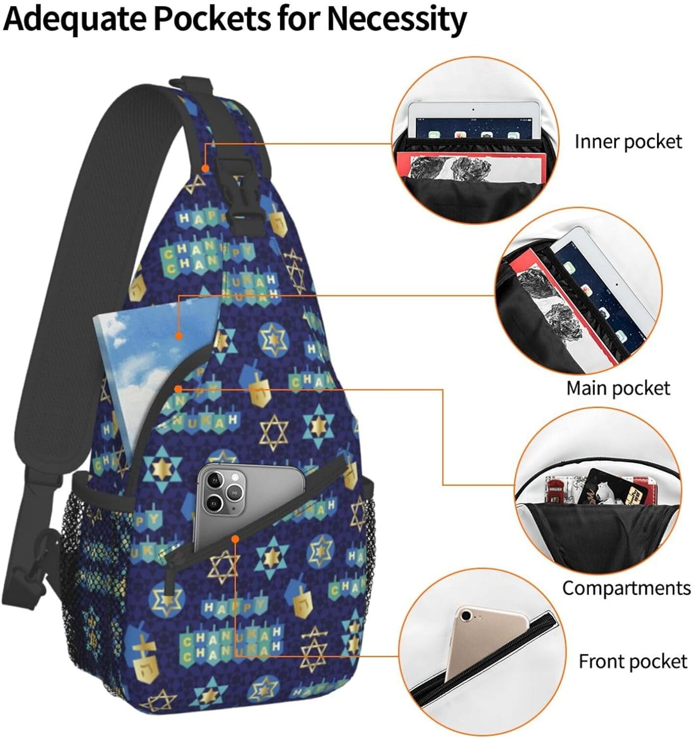 Happy Hanukkah Jewish Chanukah Holiday Sling Bag Crossbody Hiking Travel Chest Bags Backpack Shoulder Daypack for Women Men