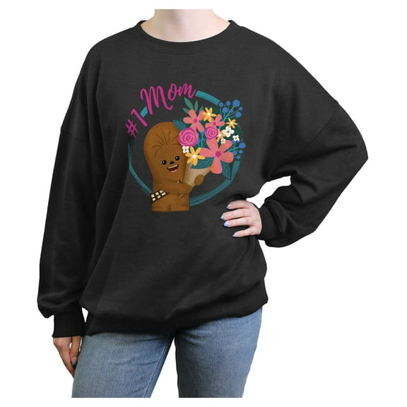 Junior's Star Wars Mother's Day Chibi Chewbacca #1 Mom  Sweatshirt Charcoal Heather Medium