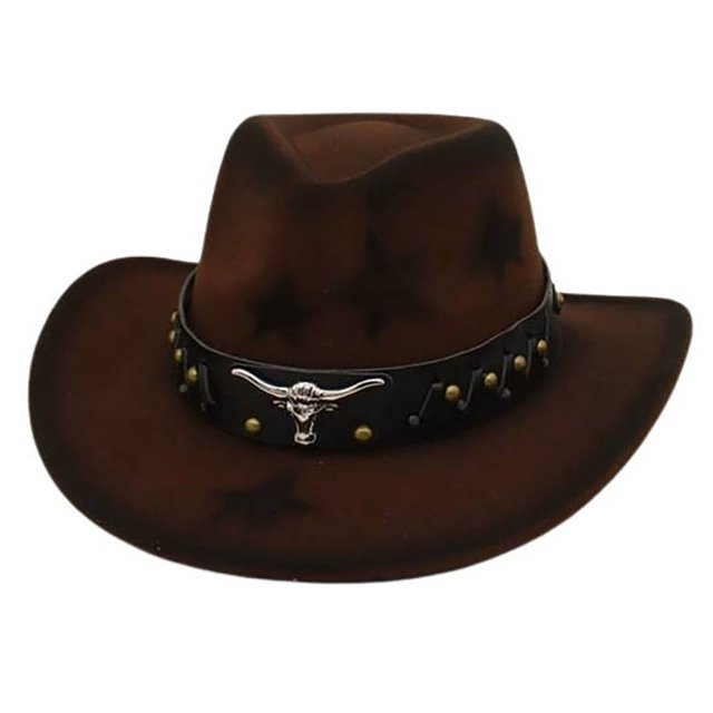 Wdgfv Western Cowboy Hat Featuring Studded Bull Head Design And Star Pattern With Heart Top For Fashionable Western Style Coffee One Size