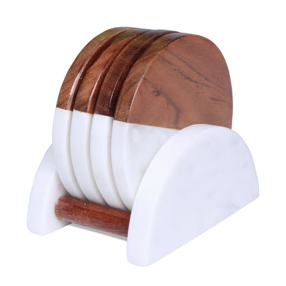 Luxe Designs | Wood & White Marble Coasters - 4 Piece Wood and Stone Round Coaster Set with Holder - Perfect for Home, Bar, and Wooden Table
