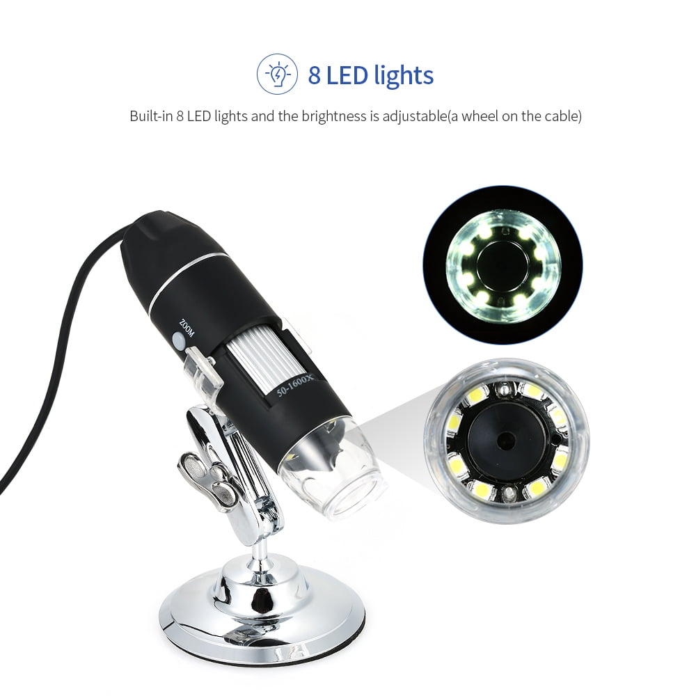 1600x Magnification Endoscope, 8 LED USB 2.0/1.1 Digital Microscope, Mini Camera with OTG Adapter and Metal Stand, Compatible with Win XP/Vista, Win7/32/64