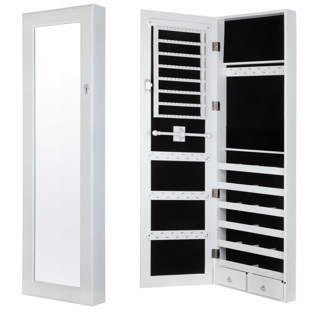 Modern Door/Wall Mounted Mirrored Jewelry Organizer Storage White