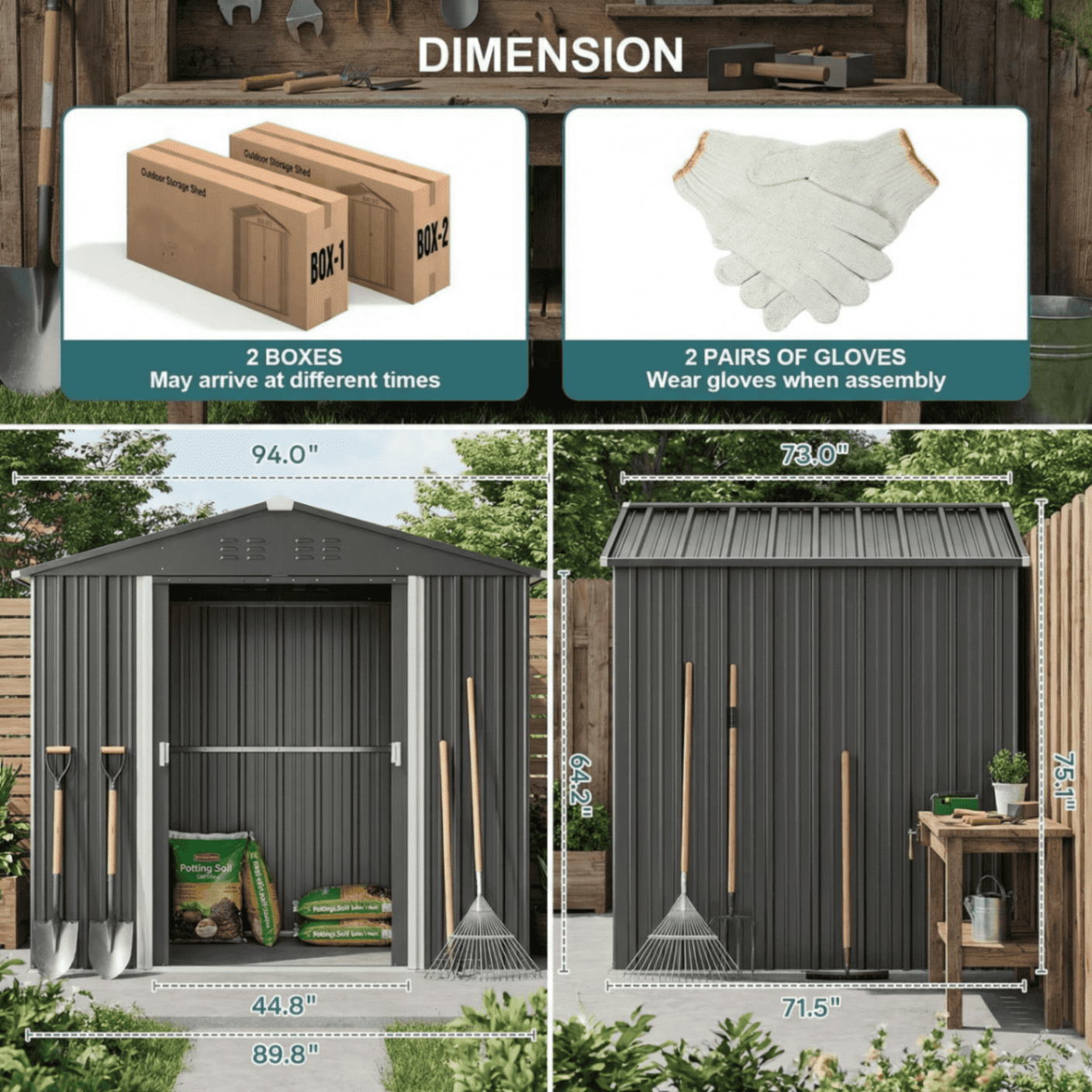 8x6 Outdoor Storage Clearance Shed, Galvanized Metal Garden Shed with Double Lockable Doors for Backyard Patio Lawn, Dark Grey