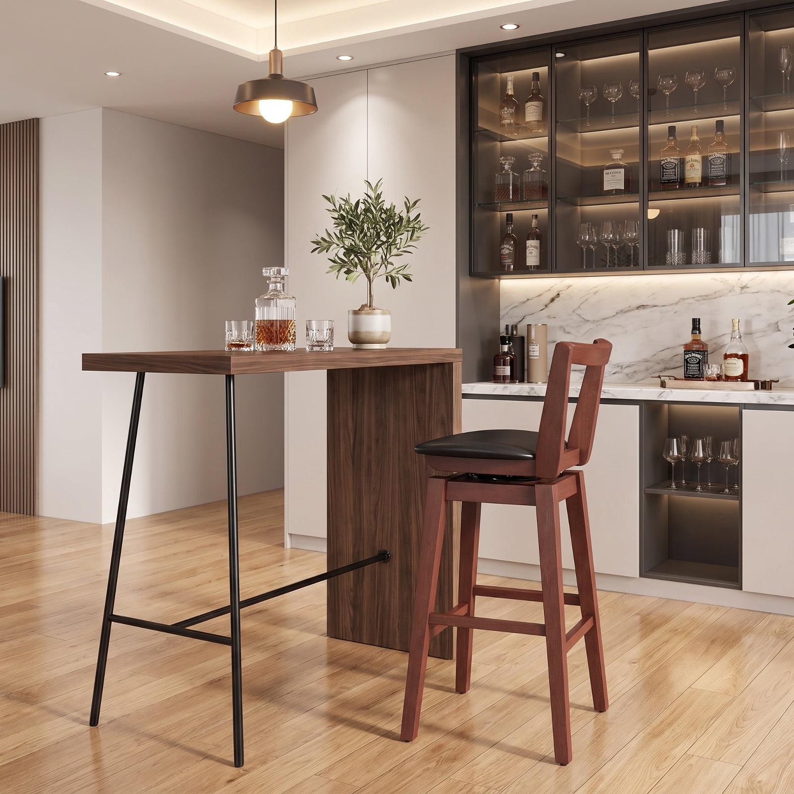 Furnibear Swivel Upholstered PU Leather Stool with Backrest and Cushioned Seat-30.5 inches for Kitchen Island Counter Bar Pub Dining Home, Walnut and